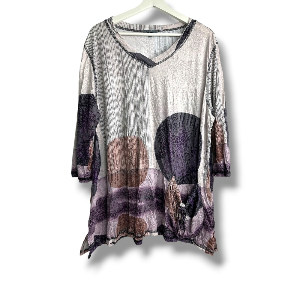 Shana Womens XL Purple Paisley Polka Dot Mixed Print 3/4 Sleeve V-Neck Tunic Top